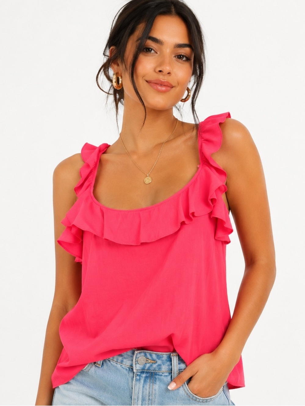 NWT Lilly Pulitzer Cailee Top Love Potion Pink Scoop Neck Ruffle Tank Top Sz L